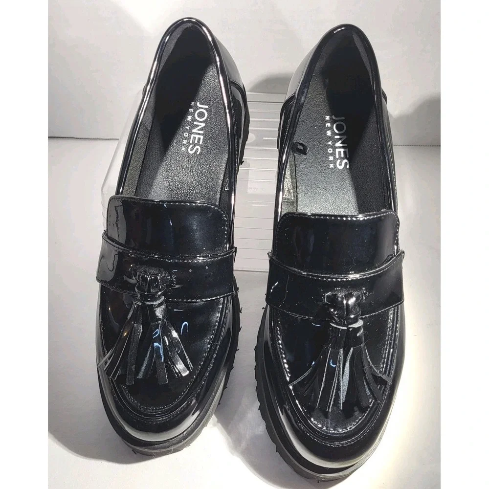 Jones New York Priscilla Black Patent Leather Chunky Loafers Women's 7.5 NWOB